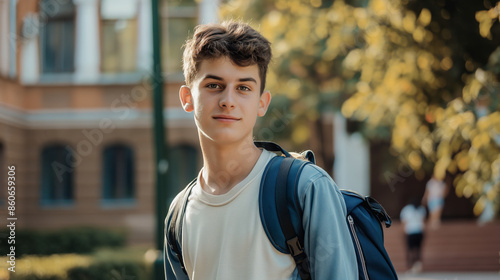 A teenage boy with a backpack standing outdoors in front of a school building...Young student enjoying a sunny day, ready for a new school year, with a confident expression photo