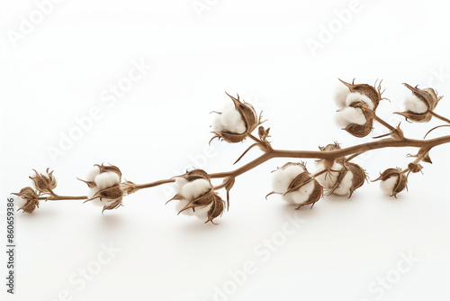 Elegantly detailed sprig of cotton, set against a pristine white background. Perfect lighting and no noise, highlighting the natural beauty of the cotton