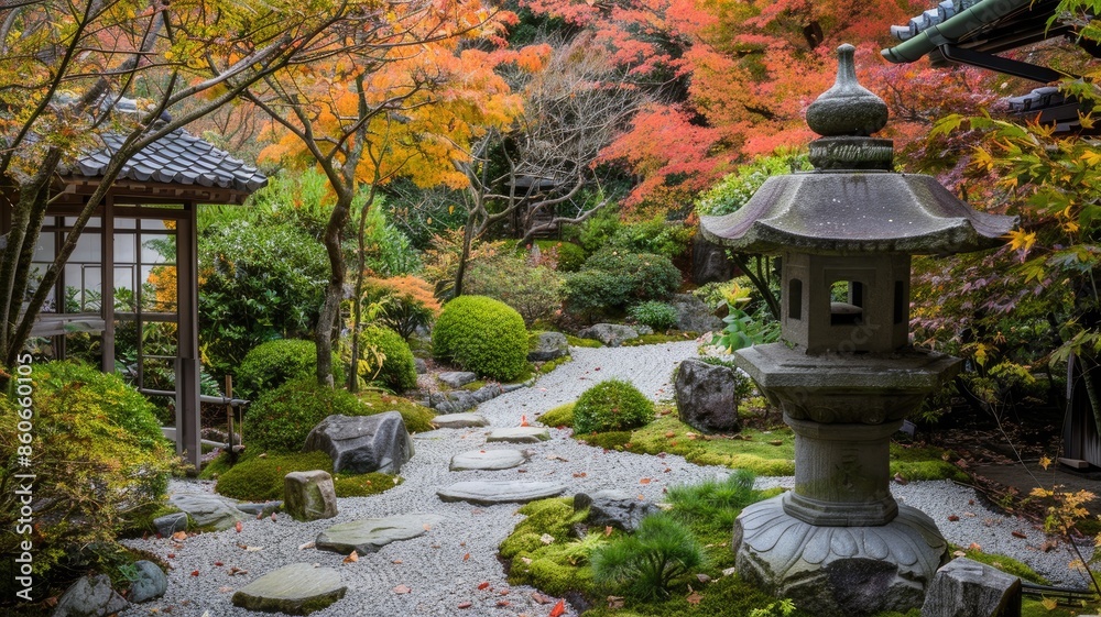 Traditional East Asian garden during autumn with vibrant foliage and stone lantern Traditional East Asian garden during autumn with vibrant foliage and stone lantern