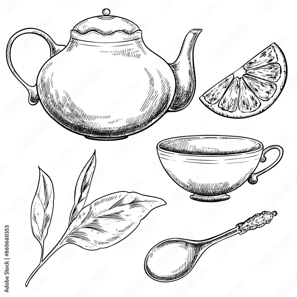Teapot and cup of tea with lemon and leaves vector set