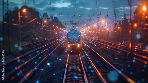 A futuristic high-speed train travels along the tracks at night, surrounded by illuminated lights and digital patterns, symbolizing modern innovation and technological advancement.