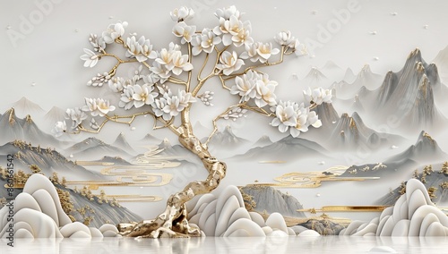 3D relief background, white and gold colors, landscape with a tree of life, mountain range in the style of Chinese art small trees in the foreground, white flowers