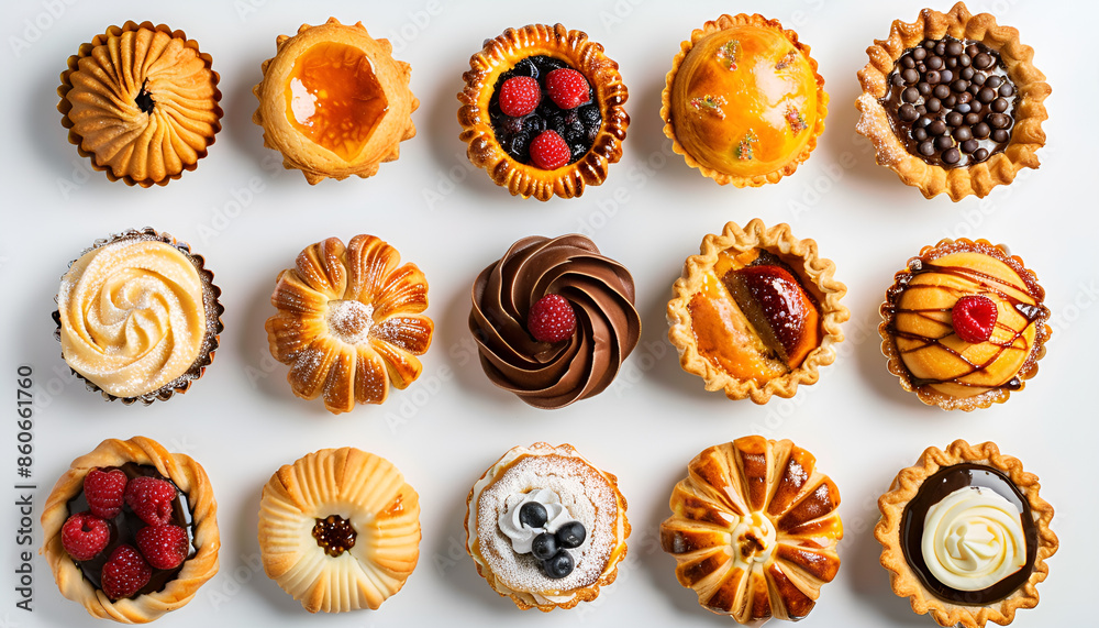 Assorted cakes and pies puffs, baked gluten-free on a white background, top view. homemade food Assorted cakes and pies puffs, baked gluten-free on a white background, top view. homemade food