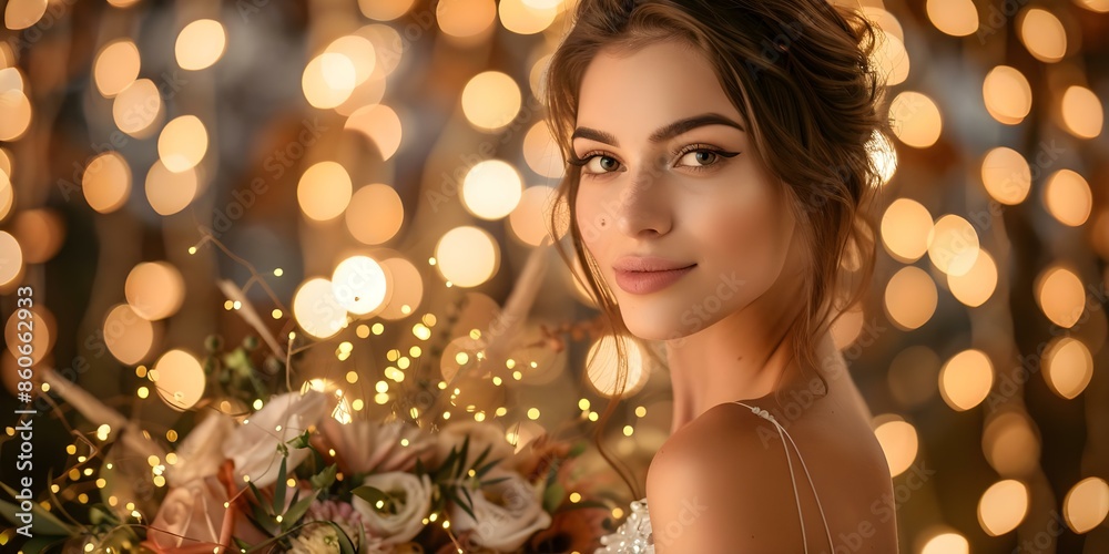 Elegant bride with boho bouquet in front of luxury wedding lights. Concept Luxury Wedding Lights, Elegant Bride, Bridal Bouquet, Bohemian Style, Romantic Atmosphere Elegant bride with boho bouquet in front of luxury wedding lights. Concept Luxury Wedding Lights, Elegant Bride, Bridal Bouquet, Bohemian Style, Romantic Atmosphere