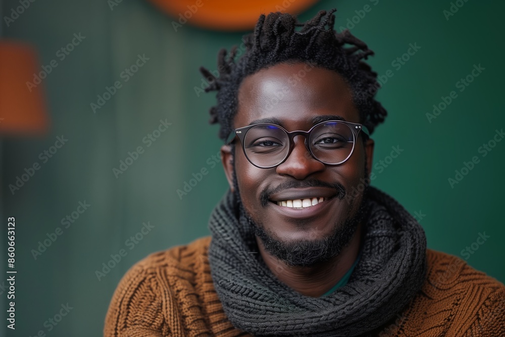 Obraz premium Smiling African Man in Casual Sweater and Glasses on Green Background