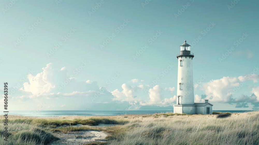 White lighthouse on serene coastline with blue sky and clouds White lighthouse on serene coastline with blue sky and clouds