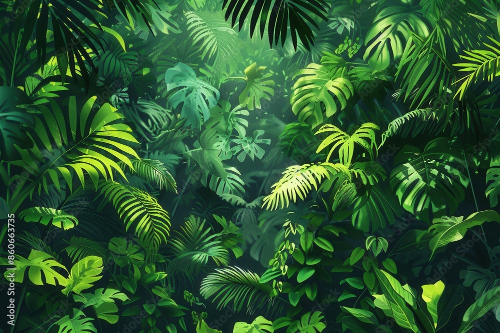 Fototapeta premium A dense, vibrant tropical forest canopy with lush green foliage. Generative AI