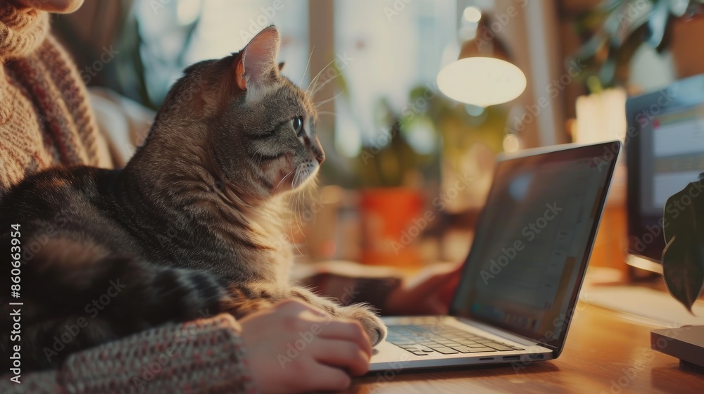 A cat sits on the table while its owner works on the laptop A cat sits on the table while its owner works on the laptop