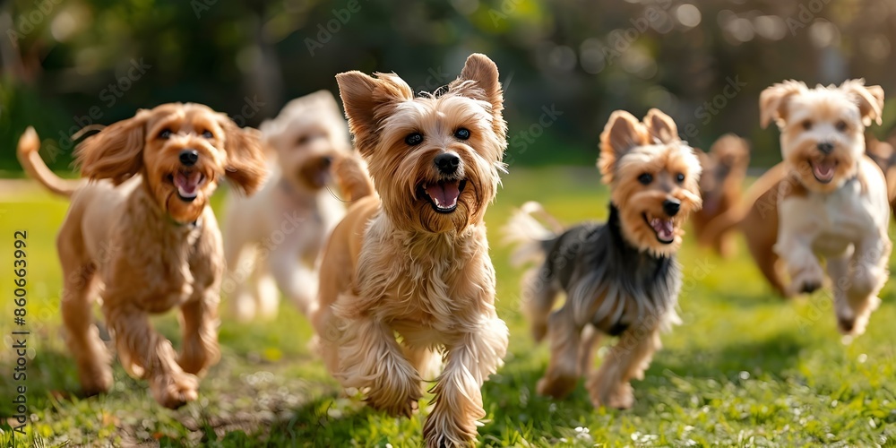 Adorable dogs happily running towards the camera in a group. Concept Dogs, Running, Outdoor, Group, Happy Adorable dogs happily running towards the camera in a group. Concept Dogs, Running, Outdoor, Group, Happy