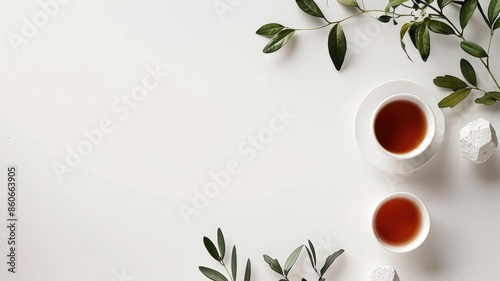 Two cups of tea with green leaves on white background