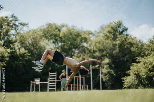 Athletic man performing a back flip on a sunny day in an outdoor park. Green trees and fitness equipment are visible in the background.