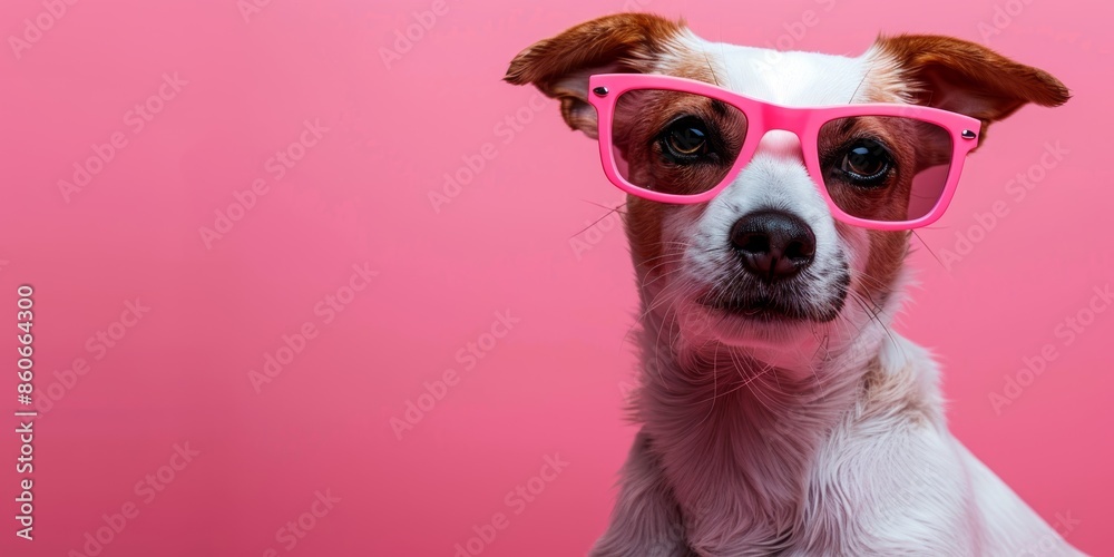Fashionable Dog in Pink Glasses on Pink Background A stylish dog with trendy pink glasses posing on a matching pink background Fashionable Dog in Pink Glasses on Pink Background A stylish dog with trendy pink glasses posing on a matching pink background