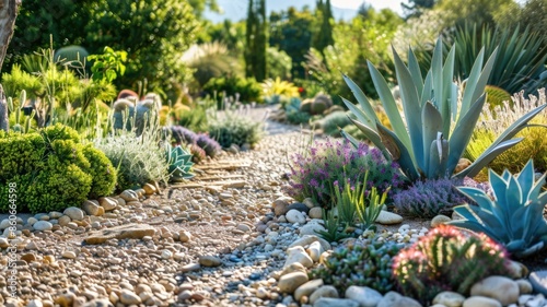Peaceful garden path lined with diverse succulent plants and shrubs under bright sunlight
