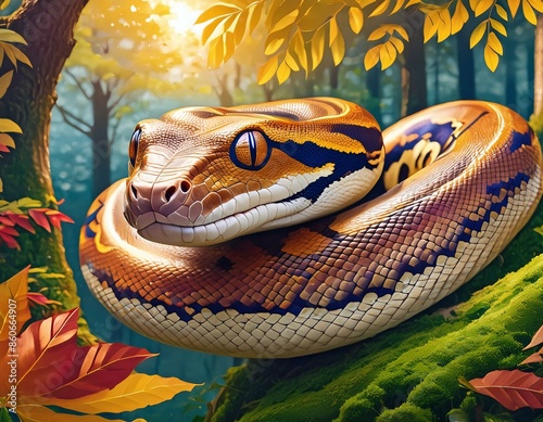 The Amazon tree boa is a member of the Boidae family of nonvenomous constrictors. Corallus genus boas are native to Central America, South America, and the West Indies. photo