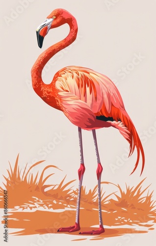 Pink Flamingo Standing on One Leg Against a White Background