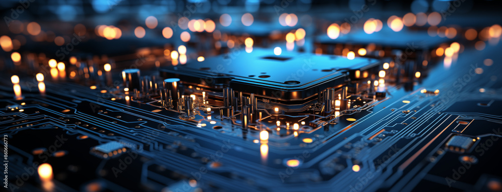 Obraz premium Digital Circuit Board: Blue Traces on Dark Background
