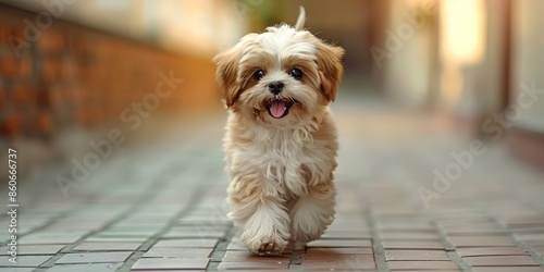 Cute shih tzu puppy walking in a hallway fluffy domestic pet. Concept Pets, Shih Tzu, Puppy, Fluffy, Domestic Pet photo