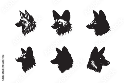 silhouette fox set with white background. wolf icon set black illustration