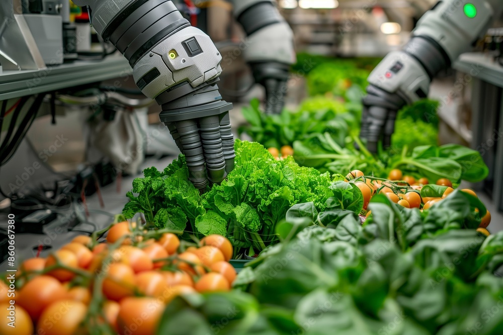Advanced robotic arms are seen carefully tending to and harvesting lush green vegetables and ripe tomatoes in a modern, high-tech greenhouse. Advanced robotic arms are seen carefully tending to and harvesting lush green vegetables and ripe tomatoes in a modern, high-tech greenhouse.