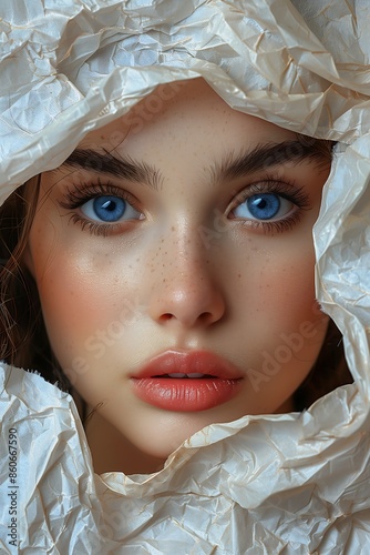 woman blue eyes white sheet covering face sparse freckles alluring full makeup frontal portrait delicate big puffy lips beauty filter red dating angel girl upclose