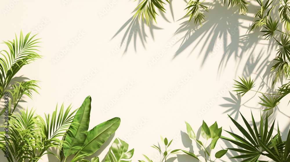 Tropical leaves and shadows on white wall Tropical leaves and shadows on white wall