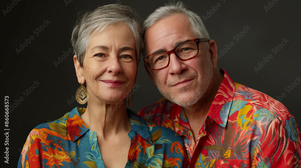 Mature couple smiling in vibrant outfits. Warm portrait of a joyful elderly couple in colorful attire. Mature couple smiling in vibrant outfits. Warm portrait of a joyful elderly couple in colorful attire.