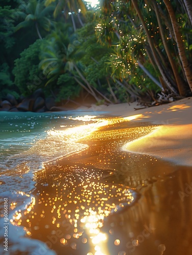 beach lot trees deep gold decoration sparkling dew luminosity tropical spray stunningly sparks sandy forbidden beauty morning glow coming ashore blissful