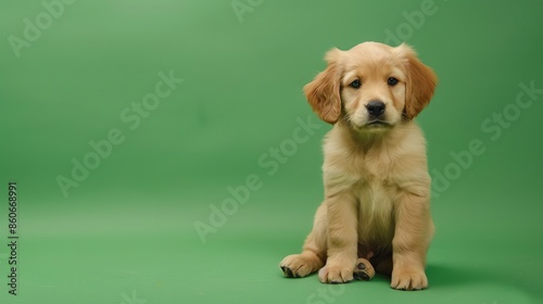 Cute golden retriever puppy sitting on a green background. The puppy is looking at the camera with a curious expression. photo