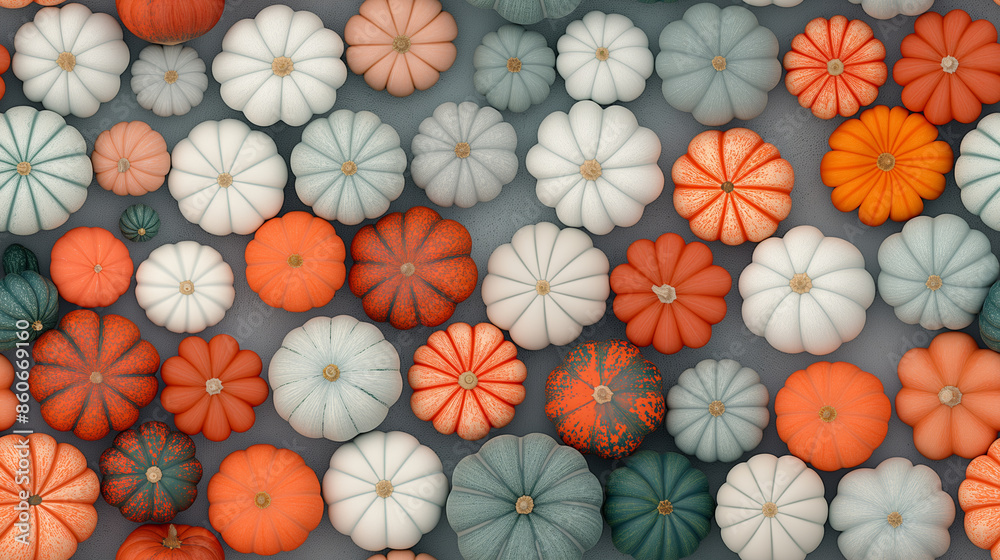 A collection of various pumpkins in shades of orange, white, and green arranged in a pleasing pattern. An artistic display of diverse pumpkins celebrating the beauty of fall and harvest season A collection of various pumpkins in shades of orange, white, and green arranged in a pleasing pattern. An artistic display of diverse pumpkins celebrating the beauty of fall and harvest season
