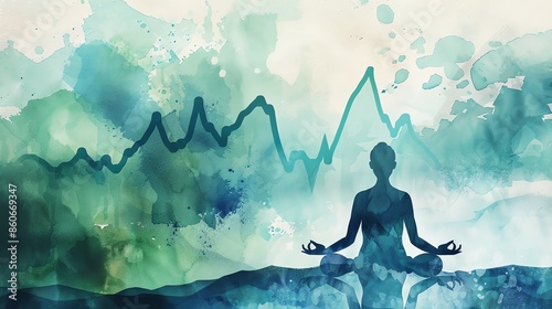 Blue and green watercolor painting of a person meditating in a lotus pose on a mountaintop.
