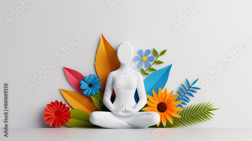 3d render of white figure meditating with colorful paper cut flowers photo