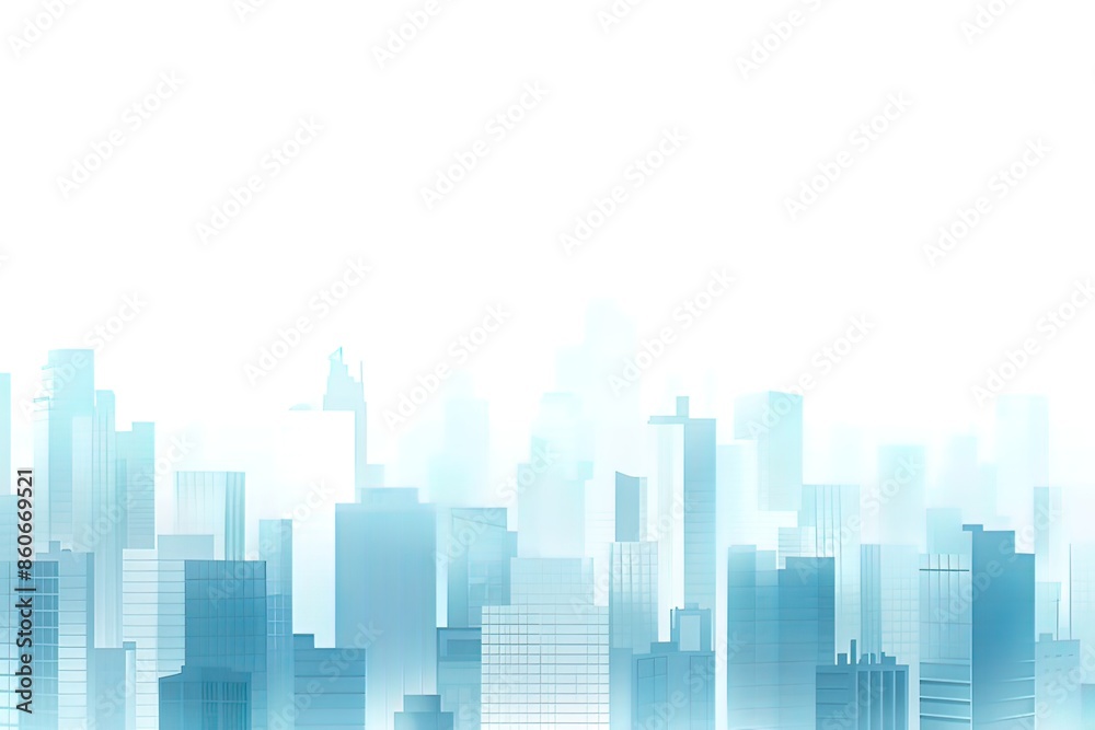 Fototapeta premium Futuristic City Skyline in Soft Blue Tones with Misty Effects. Minimalist and Abstract Architectural Design of Modern Skyscrapers Blending into a Bright White Background, Representing Urban Developmen
