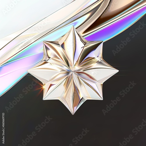 Abstract Geometric Design with Shiny Crystal Element and Fluid Metallic Waves. Elegant Reflections and Light Play in a Futuristic, Minimalistic Composition with High Contrast and Smooth Curves.