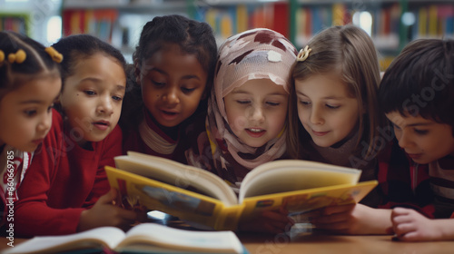 A diverse group of children excitedly reading a book together in a library. Celebrating literacy and learning, children from different backgrounds share the joy of reading