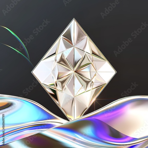 Abstract Geometric Design with Shiny Crystal Element and Fluid Metallic Waves. Elegant Reflections and Light Play in a Futuristic, Minimalistic Composition with High Contrast and Smooth Curves.