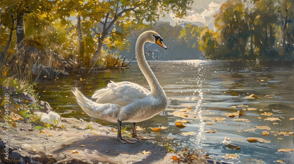 Fototapeta premium Swan strolling by the lakes edge