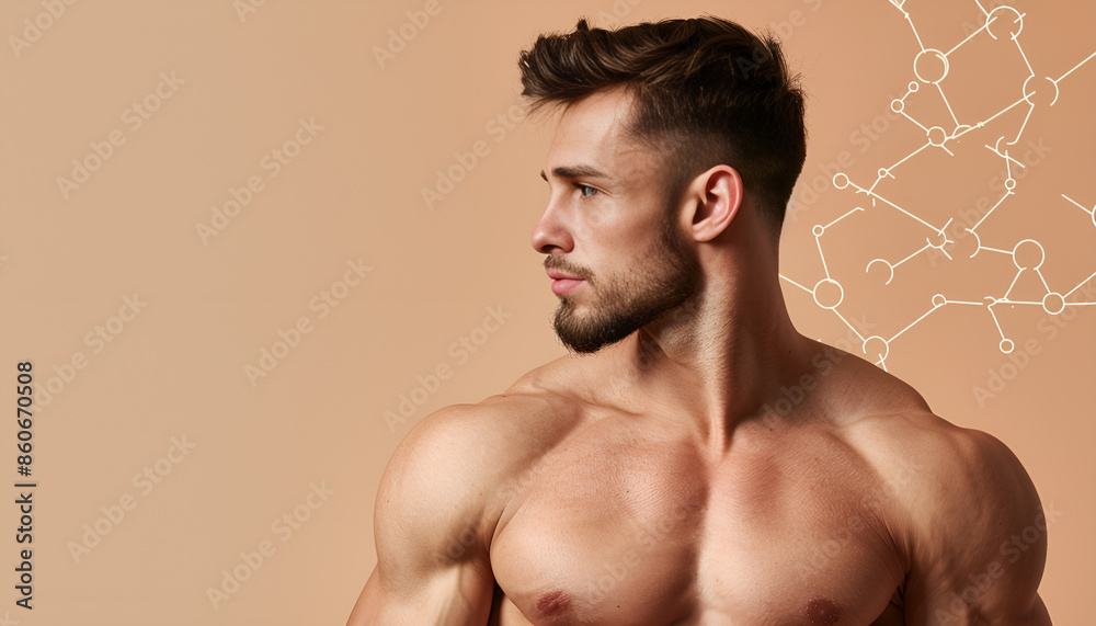 Fototapeta premium Muscular man and structural formula of testosterone on beige background, closeup