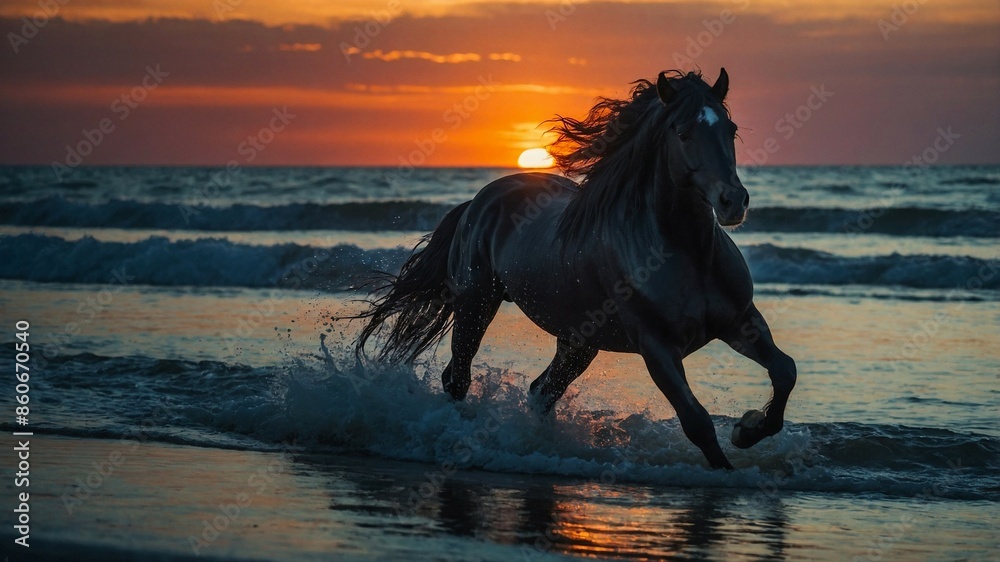 sea shore, magical sunset, beautiful running black horse with long flaming mane sea shore, magical sunset, beautiful running black horse with long flaming mane