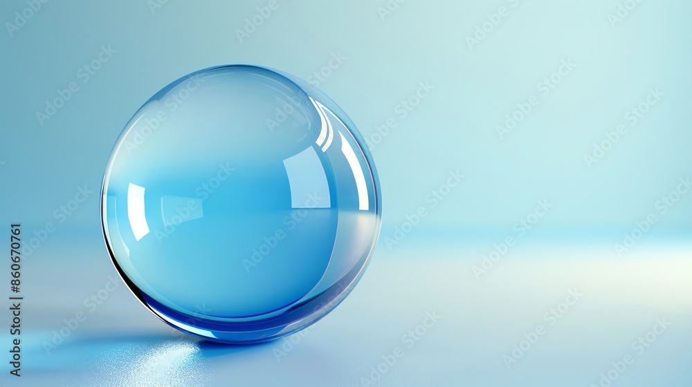 Crystal clear glass ball on a blue surface. The ball is perfectly round and reflects the light beautifully. Crystal clear glass ball on a blue surface. The ball is perfectly round and reflects the light beautifully.