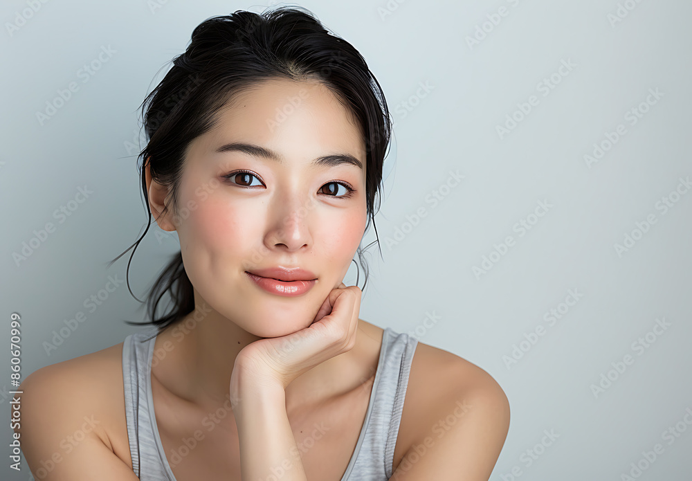 Beautiful Japanese woman in her thirties with smooth skin and smiling slightly posing for the camera while gently resting one hand on her chin against a white background wearing a light gray tank top Beautiful Japanese woman in her thirties with smooth skin and smiling slightly posing for the camera while gently resting one hand on her chin against a white background wearing a light gray tank top