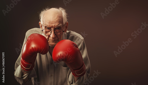 An elderly man with bald head, dressed in a grey shirt, wearing red boxing gloves, posing in a fight stance against a plain background, symbolizing resilience and strength in old age. © gearstd