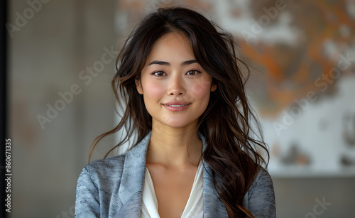 Full body photo of Asian woman long hair wearing gray cardigan white shirt smiling camera standing front of plain background She facing forward hand placed her waist soft lighting highlight her face photo