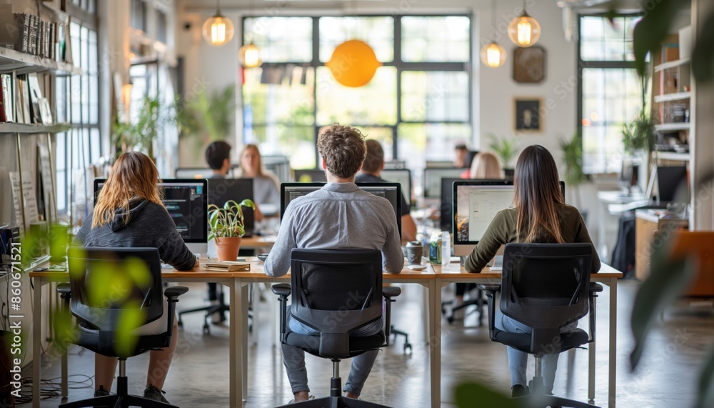 A modern open-plan office setting where multiple people are working at their desks with computers and plants visible, exemplifying a collaborative and dynamic work environment. A modern open-plan office setting where multiple people are working at their desks with computers and plants visible, exemplifying a collaborative and dynamic work environment.