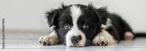 Black and White Border Collie Puppy Lying on Floor