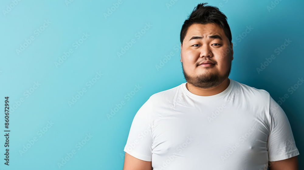 A asian man with a large face and a grey shirt is standing in front of a blue wall. He looks unhappy and is wearing a shirt that is wet A asian man with a large face and a grey shirt is standing in front of a blue wall. He looks unhappy and is wearing a shirt that is wet