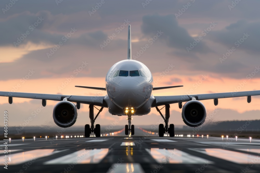 Fototapeta premium Airplane on Runway Preparing for Takeoff at Sunset, Aviation Industry