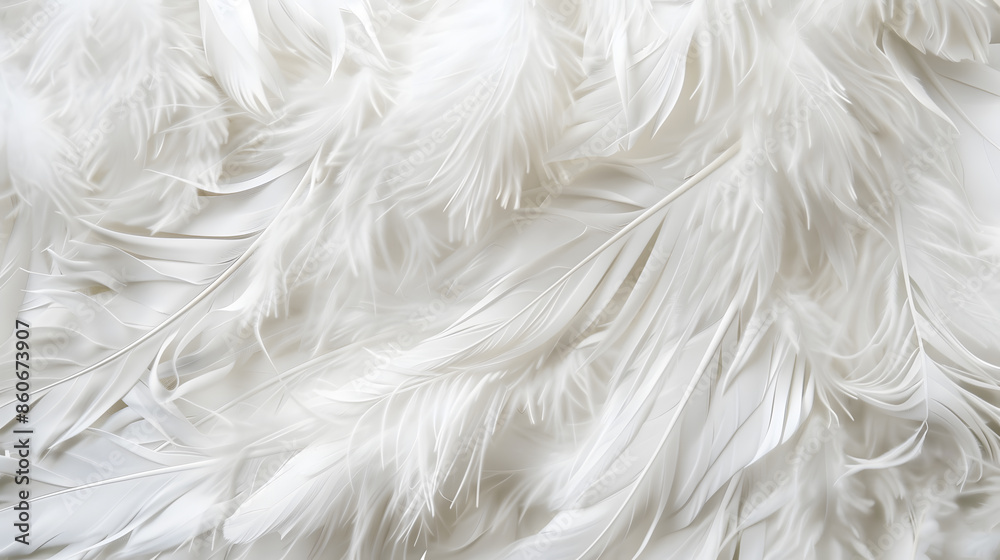 Fototapeta premium Bright white feather texture Overhead top view flat lay Copy space Birthday card Mothers Valentines Womens Wedding Day concept Selective focus : Generative AI