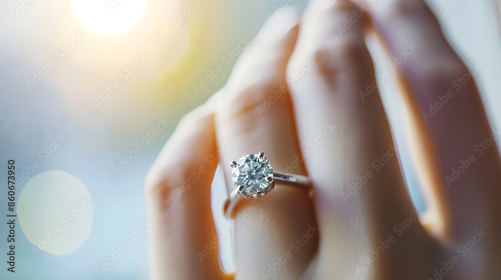 Close up of an elegant engagement diamond ring on woman finger love and wedding concept soft and selective focus : Generative AI Close up of an elegant engagement diamond ring on woman finger love and wedding concept soft and selective focus : Generative AI