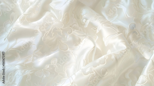 Elegant background image of luxurious white satin brocade wedding gown fabric with delicate floral pattern : Generative AI