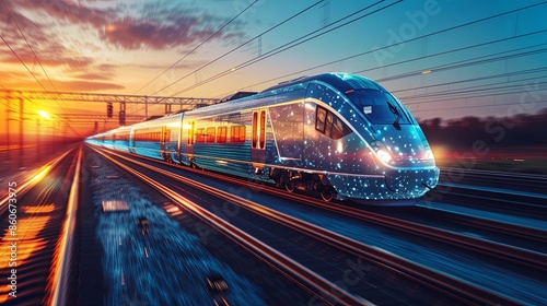 A high-speed train adorned with sparkling digital patterns dashes along the tracks at sunrise, showcasing the fusion of technology and modern transportation in a serene setting.